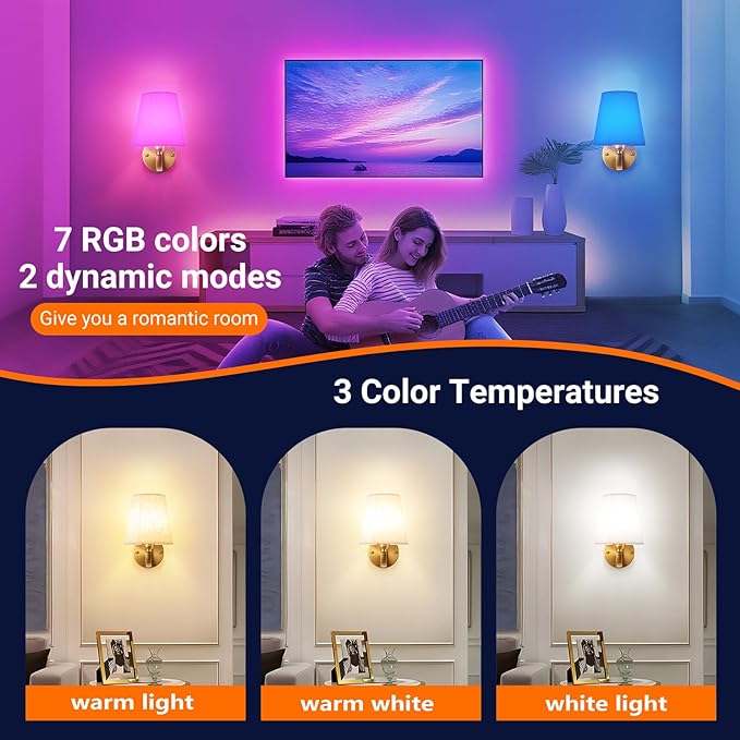 Battery Operated Wall Sconces Set of Two, Indoor Wireless Wall Mounted Lamp with 10000mAh Dimmable Bulb and Remote, RGB Colors Rechargeable Wall Light for Bedroom Living Room Decor