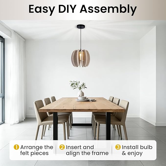 Pendant Light with Felt Lampshade, Modern Hanging Lamp Fixture, DIY Acoustic Pendant Light Chandeliers for Kitchen Island, Living Room, Dining Room, Bedroom, Office (D11.8"x10.2")