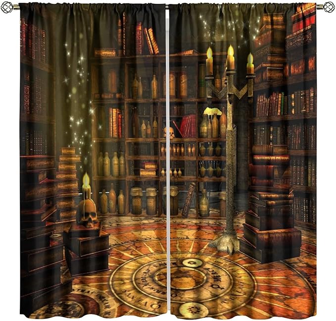 Gothic Mid Century Skeleton Blackout Curtains, Vintage Style Medieval Library Rod Pocket Window Drapes, for Living Room Bedroom 21(W)*63(L) 2 Panels