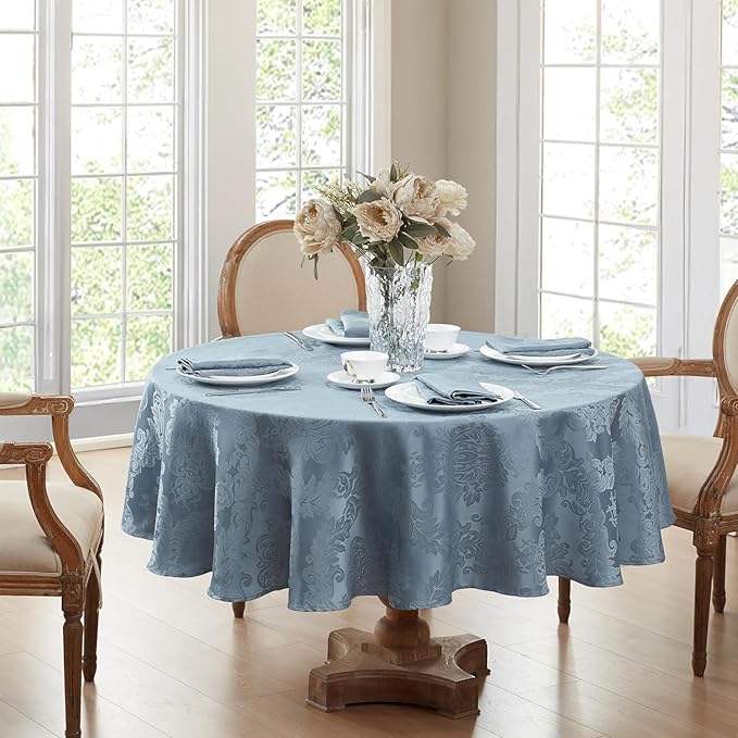 Newbridge Barcelona Damask Fabric Tablecloth, 70 Inch Round, Blue – No Iron, Soil Resistant Table Cover for Dining, Parties and Holidays