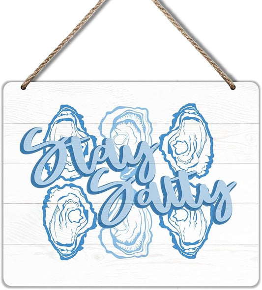 Udinaz Coastal Beach Oyster Hanging Sign, Coastal Beachy Wall Decor, Blue Stay Salty Oyster Hanging Wood Plaque Decor for Home Room Bedroom Beach House Wall Door Decorations