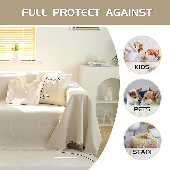 MEETSKY Couch Cover for Dogs, Washable Couch Covers for 3 Cushion Couch Sofa, Oversized Couch Protector for Sectional L Shape, Chenille Beige Sofa Slipcover with Tassel, 71"x 150"