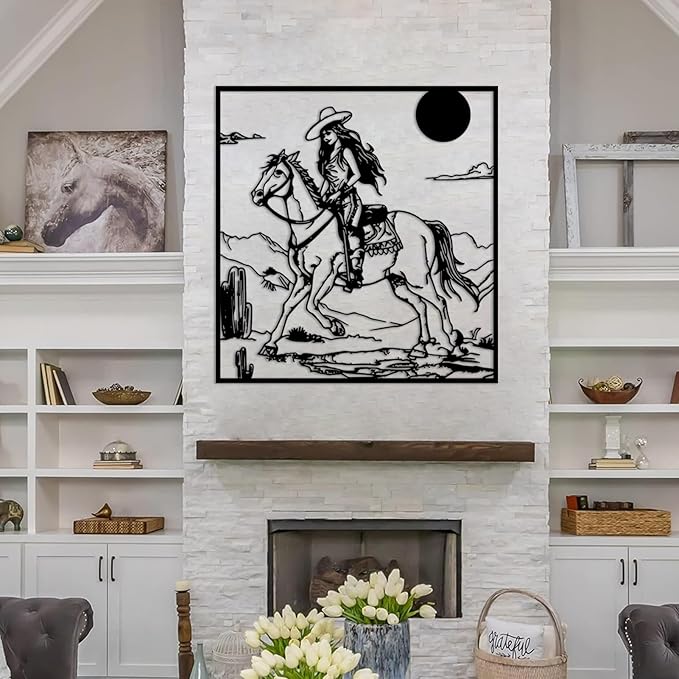 flyoak Vintage Western Cowgirl Metal Wall Decor, Rustic Cowgirl Riding Horse Metal Wall Sculpture, Southwestern Landscape Wall Art, Coastal Cowgirl Room Decor for Living Room (Black, 30x28in|76x72cm)