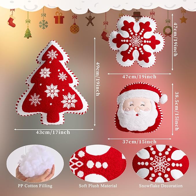 Lanpn Christmas Throw Pillows Set of 3, Christmas Decoration Winter Throw Pillows Snowflake Santa Claus Xmas Tree Cuhsion for Sofa Living Room Bedroom Xmas Decor (Red)