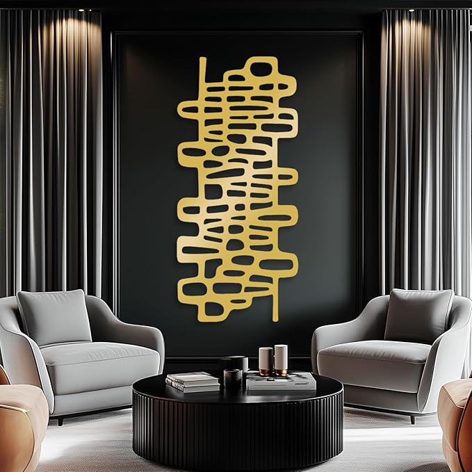 Abstract Geometric Metal Wall Art, Modern Circles Metal Decor, Minimalist Line Art, Long Narrow Sign, Luxury Modern Artwork for Living Room, Farmhouse, Office (Gold, 59"x27" | 150x69cm)