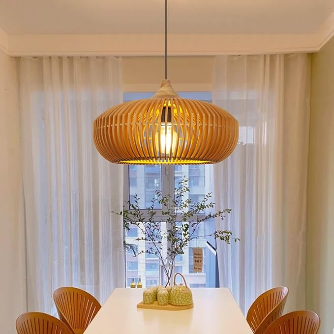 Arturesthome Wooden Pendant Light Kitchen Island, Rustic Farmhouse Wood Hanging Ceiling Lamp Fixture for Cafe Basement Hallway Foyer