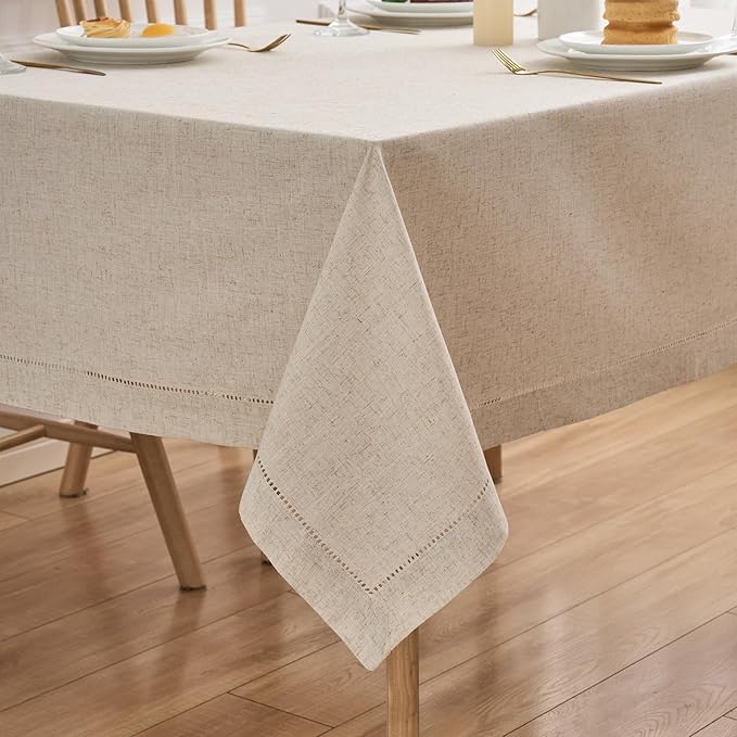 Zdolmy Natural Flax Linen Tablecloth – Undyed Rectangle Hemstitch Table Cover for Kitchen, Dining & Decoration (Neutral, 55" x 70")
