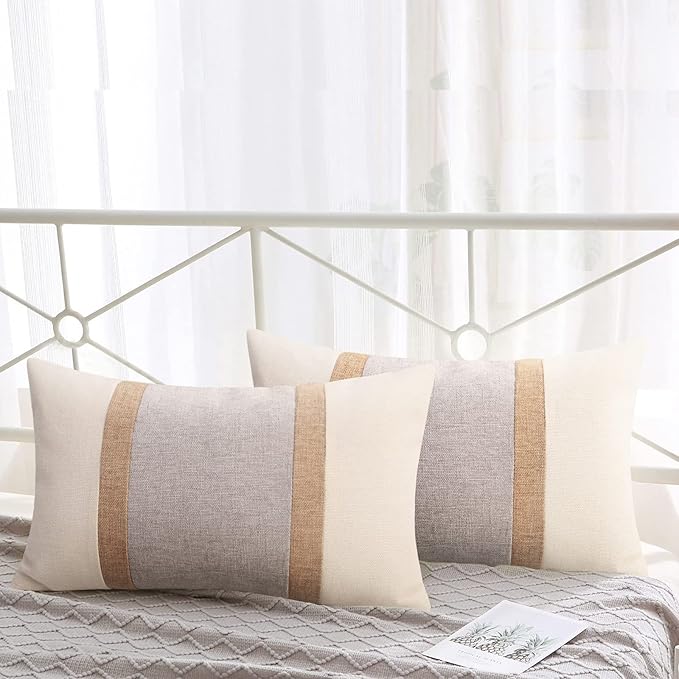 Pyonic Pack of 2 Boho Throw Pillow Covers Farmhouse Decorative Lumbar Pillowcases for Couch Sofa Living Room Outdoor Decor,Cream White and Grey,12 x 20 Inch