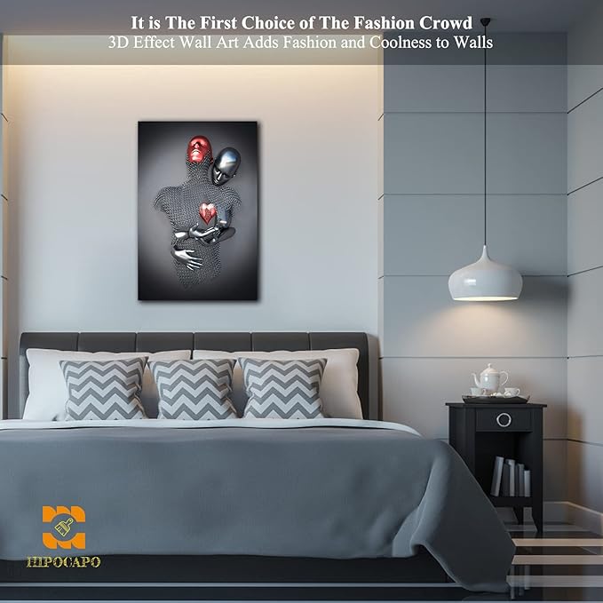 HIPOCAPO 3D Wall Art - Love Heart Metal Canvas Art, Silver Decor for Modern Living Room, Framed Romantic Couple Room 12''x18''x1Pcs 3d Art-19