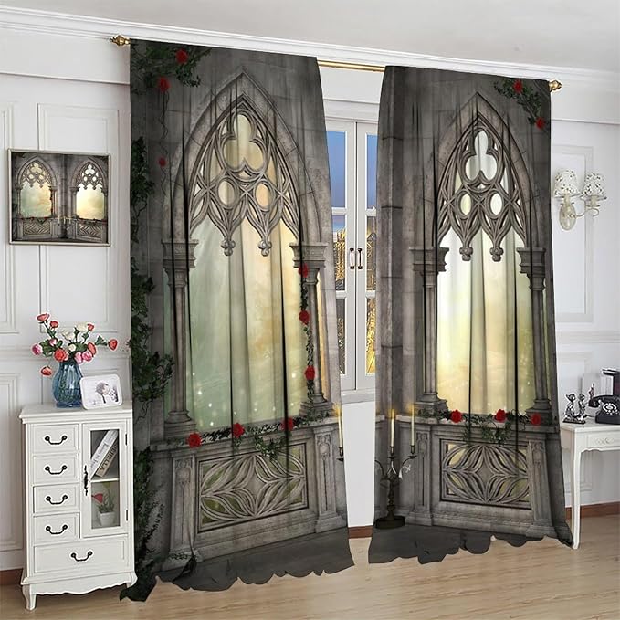 Gothic Mid Century Blackout Curtains, Vintage Castle Skull Candlesticks Red Rose Print Pattern Window Drapes, for Living Room Bedroom 31.5(W)*63(L) 2 Panels