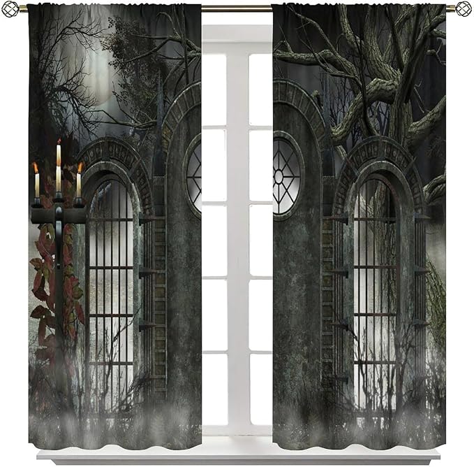 Gothic Mid Century Blackout Curtains, Moon Halloween Horror Candle Print Pattern Window Drapes, for Living Room Bedroom 21(W)*54(L) 2 Panels