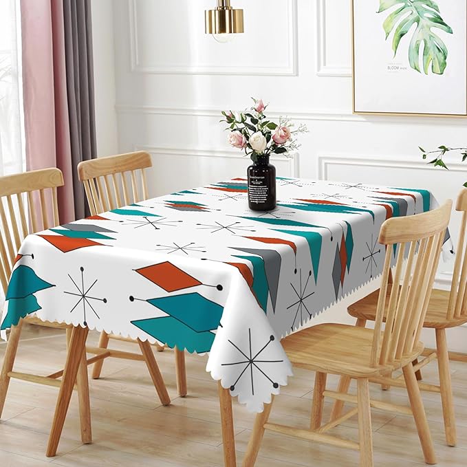 70x120inches Mid Century Rectangle Tablecloth Modern Geometric Teal Diamond Table Cloth Spill Proof and Washable Polyester Fabric Table Cover for Dining Room Kitchen Patio Home Decorations