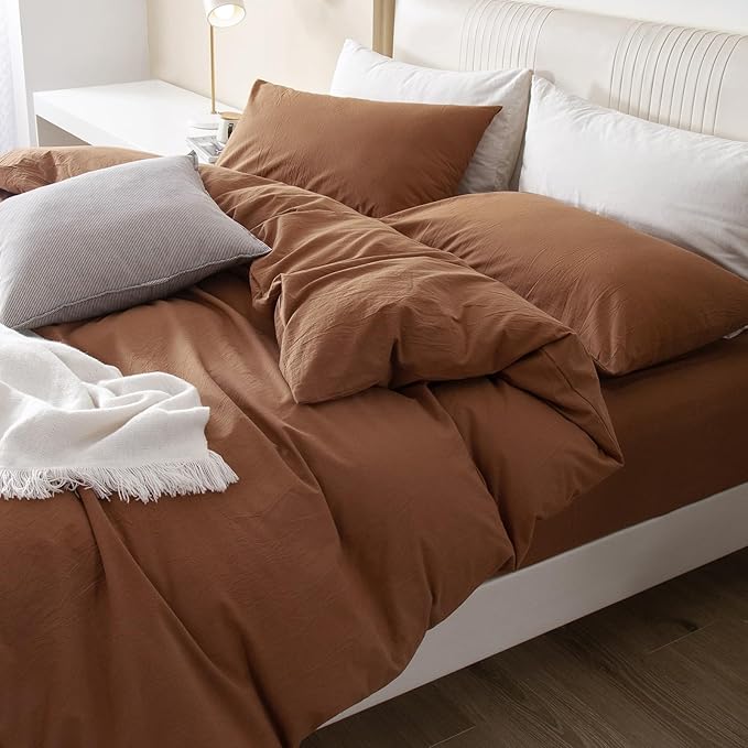 JIYUAN 100% Washed Cotton Duvet Cover Set 3 Pieces Full, 1 Duvet Cover 80x90 Inches(Comforter Not Included) and 2 Pillowcases,Linen Feel Bedding Set Comfy and Breathable,Burnt Orange