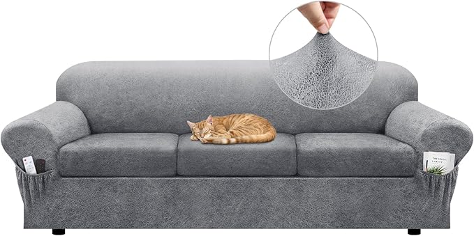 Sofa Slipcover with Armrest Pockets 4-Piece Set, Stretch Faux Leather Extra Large Couch Covers for 3-Cushion Couches(Fits 98-112") - Machine Washable, Pet & Kid Friendly - Light Gray