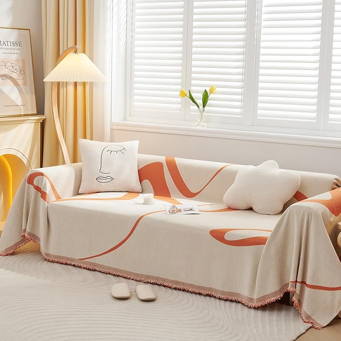 VClife Sofa Couch Cover Washable- Modern White and Caramel Striped Jacquard Couch Cover for 2 Cushion Couch 71''x118'' - 1 Piece Soft Chenille Large Sofa Covers Slipcover for Living Room Bedroom