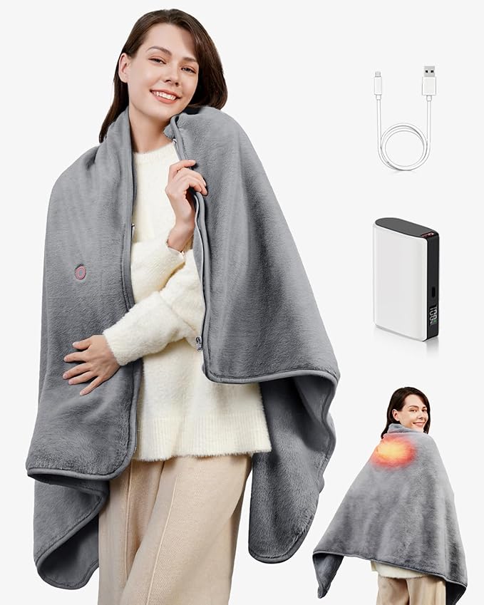 Cordless Heated Blanket – Portable Battery Operated Throw with Rechargeable Pack, Far Infrared Heat, Soft Faux Rabbit Fur for Home, Office, Travel, Camping