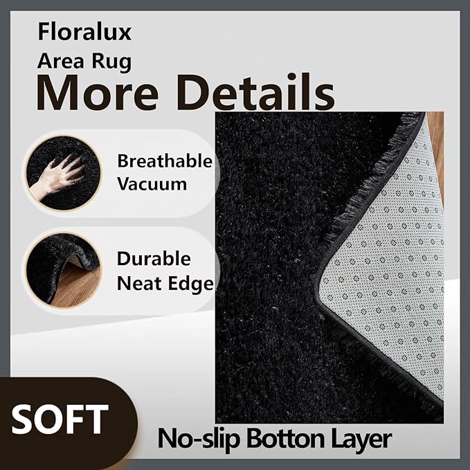 Floralux 6x9 Rugs for Living Room, Black Fluffy Area Rug for Bedroom, Non-Slip, Ultra Soft Plush Shag Carpet for Kids Boys Girls Room, Playroom, Home Decor Aesthetic