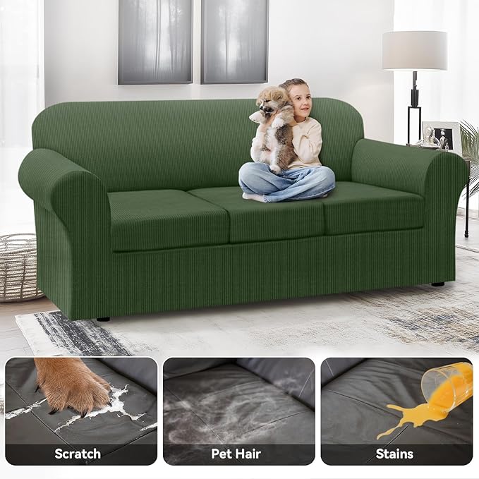 100% Waterproof Extra Large Couch Cover 4-Piece Set Striped Sofa Slipcovers for 3 Cushion Couch Covers with TPU Leakproof Bottom Stretch Protector Pet Proof - Sofa(3-Cushion), Military Green