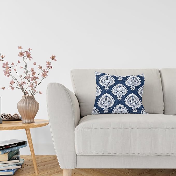 LOVOUS Navy Blue and White Damask Throw Pillow Covers 18x18 Inch Set of 2, Vintage Linen Decorative Pillow Covers for Bed Couch Sofa Bedroom Living Room Home Decor, B18