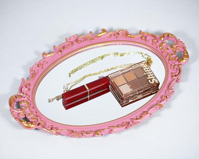 2PACK - Vintage Decorative Pink Framed Mirror, Wall Hanging Mirrors & Tabletop Tray for Bedroom Living Room Dresser Decor, Oval- 9.6" W x 14.3" L (PINK-2PACK)