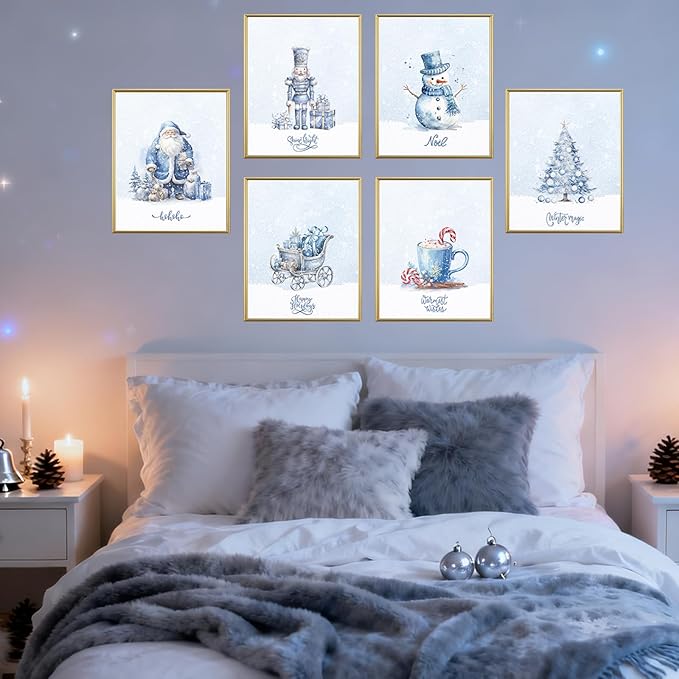 WINDVALE Blue Christmas Wall Art Prints – Nordic Holiday Posters with Santa, Snowman, Nutcracker & Tree – Cozy Winter Farmhouse Decor for Living Room or Fireplace (8x10 Unframed)