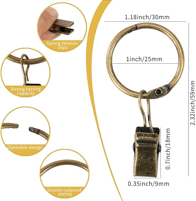 Openable Curtain Rings with Clips,1inch Inner Diameter,Heavy Duty Rustproof Metal Decorative Vintage Drapery Rings Curtain Clips Rod Hangers Door Curtain and Shower Curtain Rings Bronze Zocang