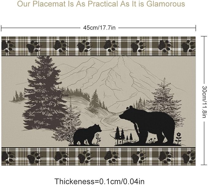 Rustic Bear Placemat Set of 6, 12x18 Inch Retro Farmhosue Green Buffalo Plaid Wildlife Wooden Forest Tree Cabin Country Lodge Coffee Table Mats for Outdoor Kitchen Dining Table Decoration