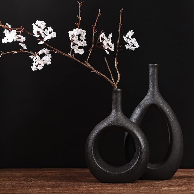 Black Ceramic Hollow Elliptical Vase Set of 2 - Boho Circle Vase with Hole, for Modern Black Table Decor, Living Room Decor Shelf mid Century Modern Home Entrance Decorative vase