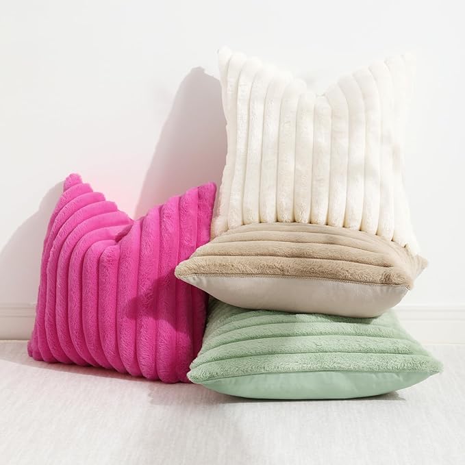decorUhome Faux Fur Christmas Throw Pillow Covers 16x16 Set of 2, Decorative Soft Plush Striped Neutral Couch Euro Pillow Covers with Velvet Back for Sofa, Bed, Living Room Home Decor, Khaki Brown