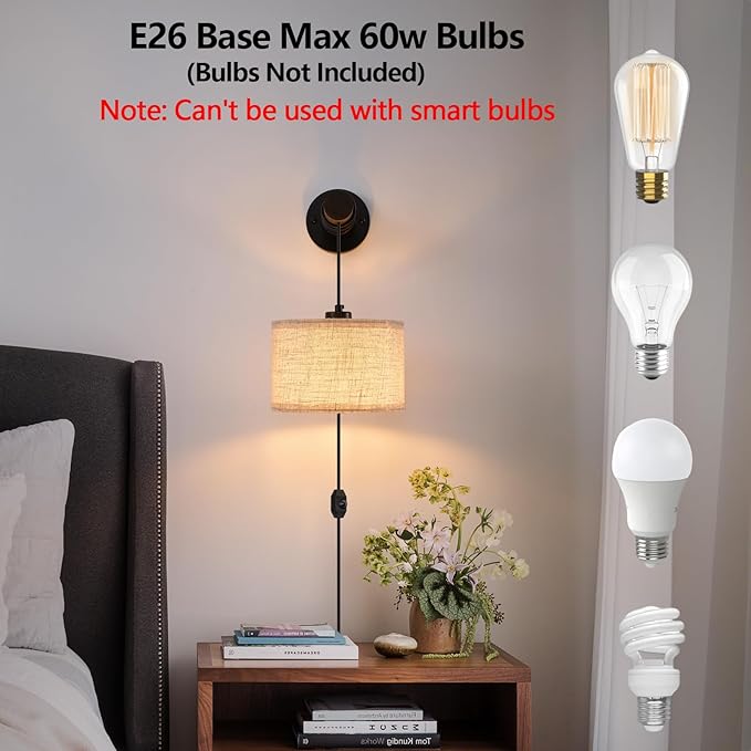 Plug in Wall Sconces Set of 2, Farmhouse Wall Lamp with 5.9FT Plug in Cord, Dimmable Hanging Wall Lighting with Fabric Shade, Adjustable Wall Mount Lights for Bedroom Living Room, Wooden Arm