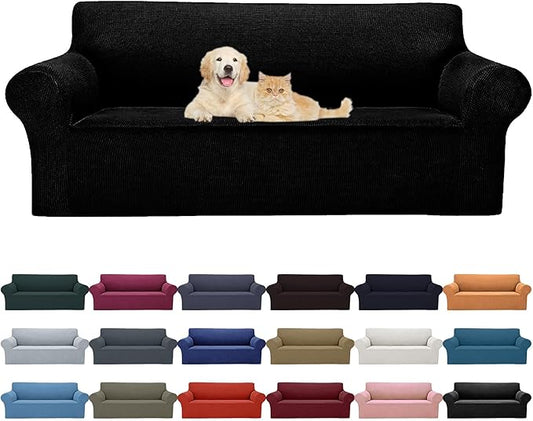 Cupuamon 2025 New Stretch Sofa Slipcovers Couch Cover for 3 Cushion Furniture Protector Sofa Covers with Elastic Bottom Jacquard Fabric Small Checks for Pets, Kids -Sofa, Black
