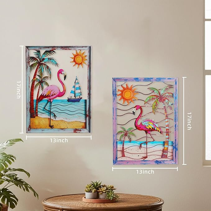 Newinhome Metal Wall Art Flamingo Tropical Boho Wall Decor 2 Pack Flamingo Hanging Artwork Theme for Living Room Bathroom Patio Yard Housewarming Gift