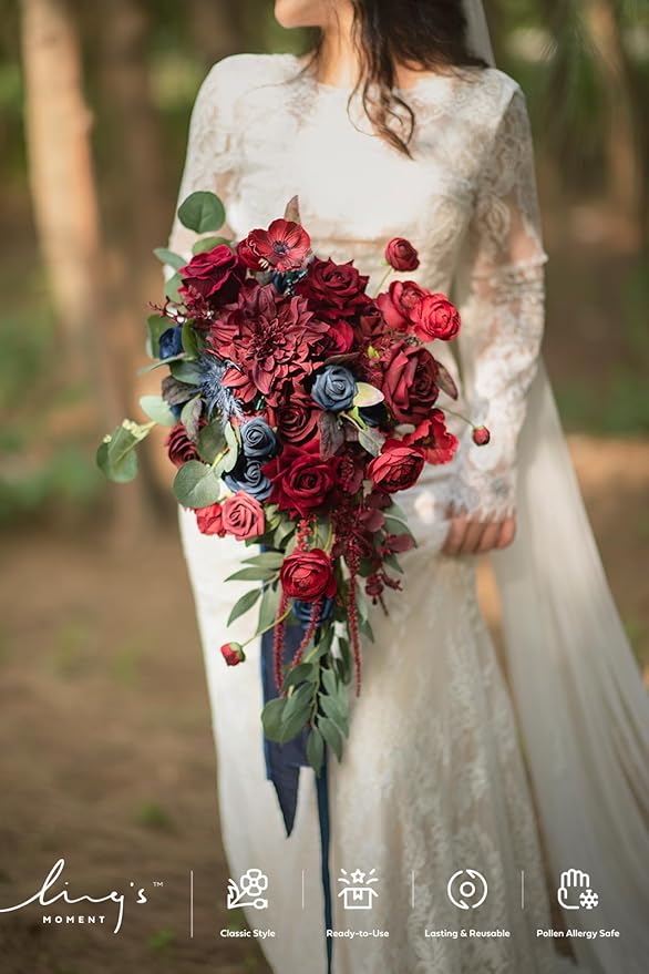 Ling's moment Navy Blue Burgandy Bridal Bouquet Cascading, Jewel Tone Wedding Bouquets for Bride, 15 Inch Bride Bouquets for Wedding Artificial Flowers Bouquets