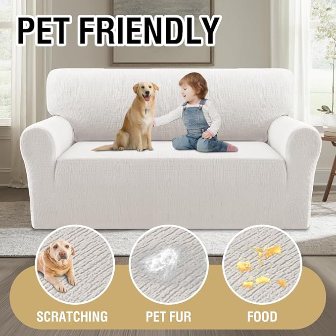 H.VERSAILTEX Jacquard Sofa Slipcover with Waterproof Seat Furniture Protector 1 Piece Stretch Sofa Covers with Elastic Bottom for Kids, Pets, Dog(Loveseat, Pale Oak)
