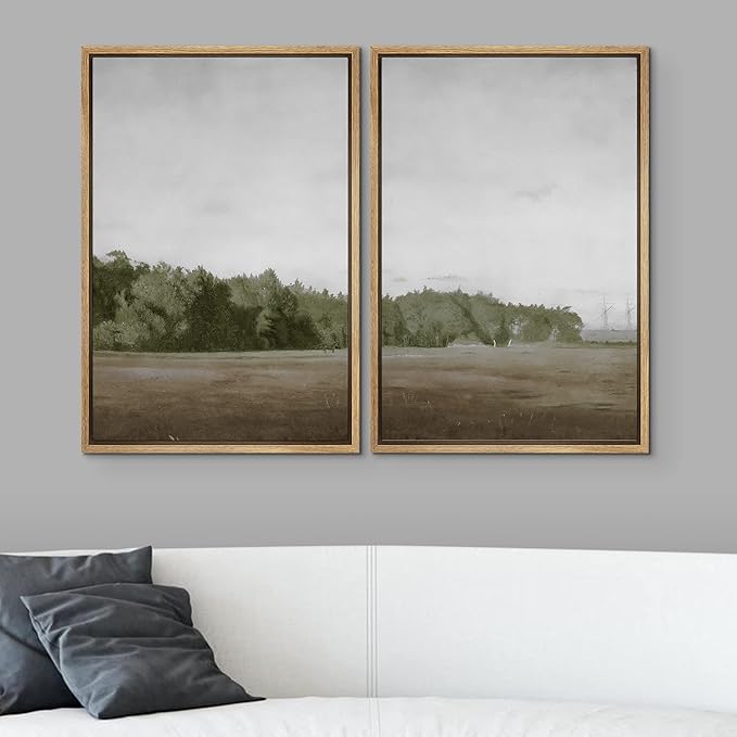 SIGNWIN Framed Canvas Print Wall Art Set Green Mountain Hill Forest Landscape Nature Wilderness Illustrations Fine Art Farmhouse/Country Minimal for Living Room, Bedroom, Office - 24"x36"x2 Natural
