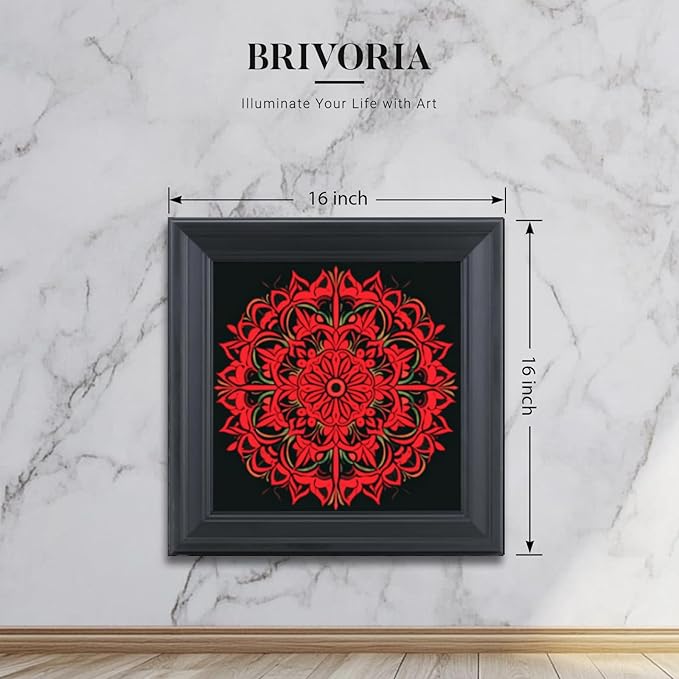 Brivoria Mandala Wall Art Home Decor, Framed Red Ember Glow Mandala Artwork, Modern Spiritual Energy Wall Decor for Living Room Dining Room Hallway or Meditation Space, Warm Decorative Accent, 16x16