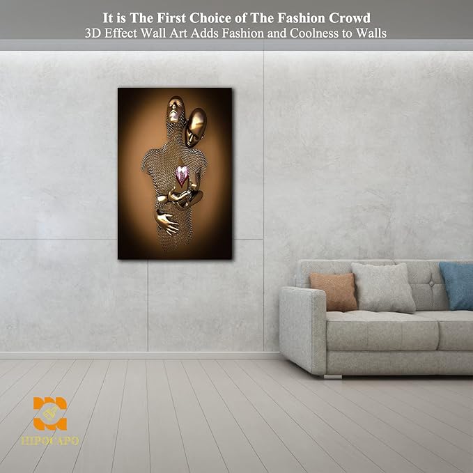 HIPOCAPO 3D Metal Effect Wall Art - Love Heart 3D Metal Canvas Art, Gold 3D Metal Canvas Art Decor for Modern Living Room, Framed Romantic Couple Living Room Canvas Wall Art 28''x40''x1Pcs