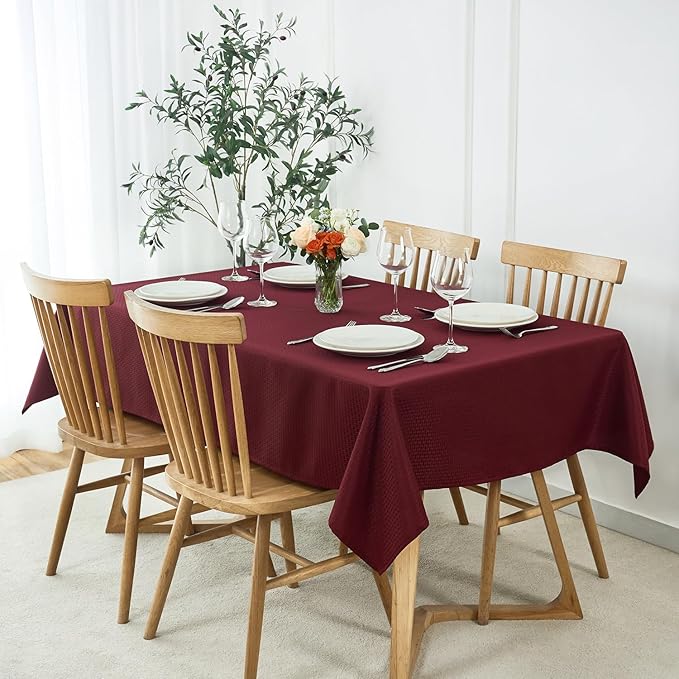 maxmill Weaved Texture Rectangle Tablecloth Water Resistant Wrinkle Free Spill-Proof, Soft Table Cloth for Dining Room Decoration, Banquet Parties Event Holiday Dinner, 60 x 84 Inch Burgundy