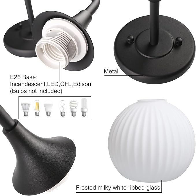 PERMO Double Sconce Black Vintage Vanity Light 2-Light Wall Sconces with White Ribbed Globe Glass Shade Hardwired Wall Light Fixture for Bathroom Mirror Cabinets Hallway Stairs