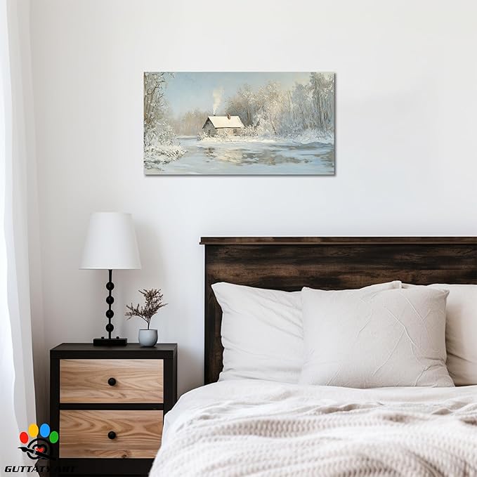 GUTTATY Christmas Winter Scene Canvas Wall Art, Cozy Cabin Snow Landscape Canvas Prints, Tranquil Forest Wall Painting, Serene Winter Pictures Poster for Living Room, Bedroom, Office Decor, 16x8 Inch