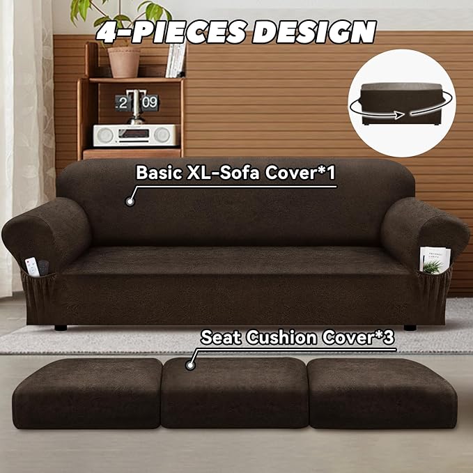Sofa Slipcover with Armrest Pockets 4-Piece Set, Stretch Faux Leather Extra Large Couch Covers for 3-Cushion Couches(Fits 98-112") - Machine Washable, Pet & Kid Friendly - Brown