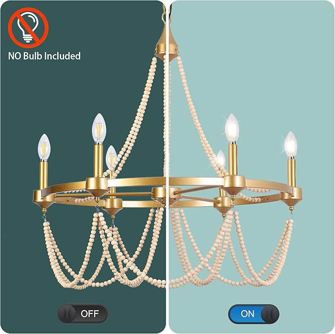 COCOSTAR Elegant Beaded Chandeliers for Dining Room,28 Inch Gold Wagon Wheel Light Fixture,Farmhouse Modern Chandelier for Coastal Bohemia Room,6xE12
