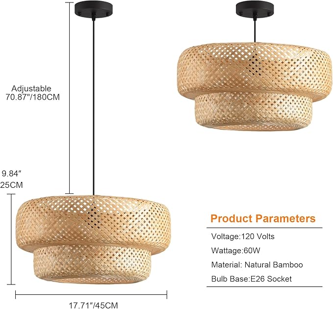 18.12 Inch Bamboo Pendant Light Hand Woven Basket Lights Rattan Pendant Light for Kitchen Island Dining Room Living Room Bedroom Foyer