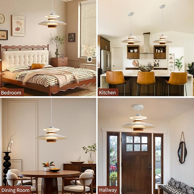 Modern Decor Adjustable Pendant Lamp Kitchen Island, Aluminum and Wood Finish,1-Light E26 Base Ceiling Hanging Light for Dining Room Shop Restaurant (White+Dark Wood Grain, 35cm)