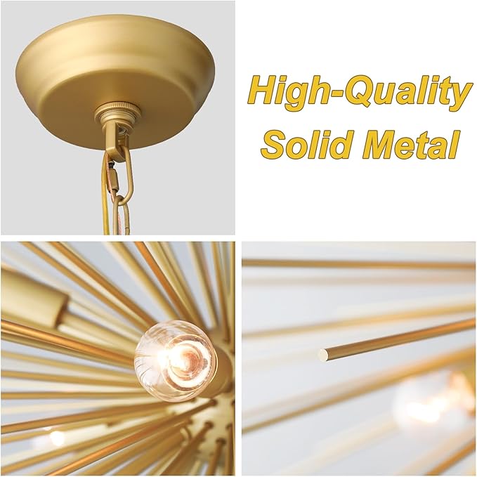 24.41" Golden Sputnik Chandelier Vintage Modern Luxury Starburst Geometric Chandelier Light Fixture Solid Metal Firework Gold Chandelier for Dining Room, Kitchen, Bedroom, E12