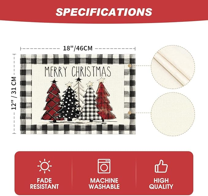 Artoid Mode Waterclor Buffalo Plaid Christmas Trees Placemats Set of 12, 12x18 Inch Winter Table Mats for Outdoor Home Party Kitchen Dining Decor