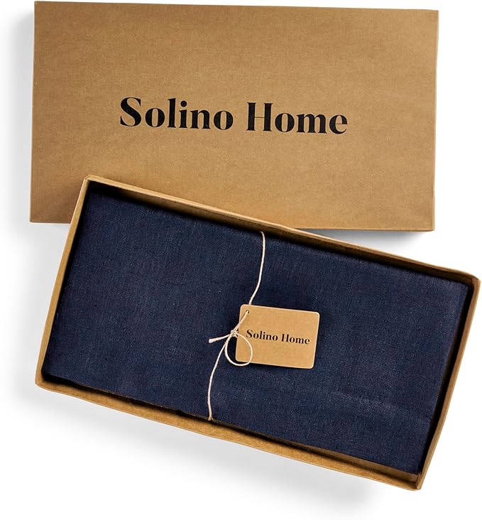 Solino Home Linen Square Tablecloth 52 x 52 Inch - 100% Pure Linen Chambray Navy Table Throw - Athena, Machine Washable Tablecloth for Fall, Autumn, Thanksgiving, Winter