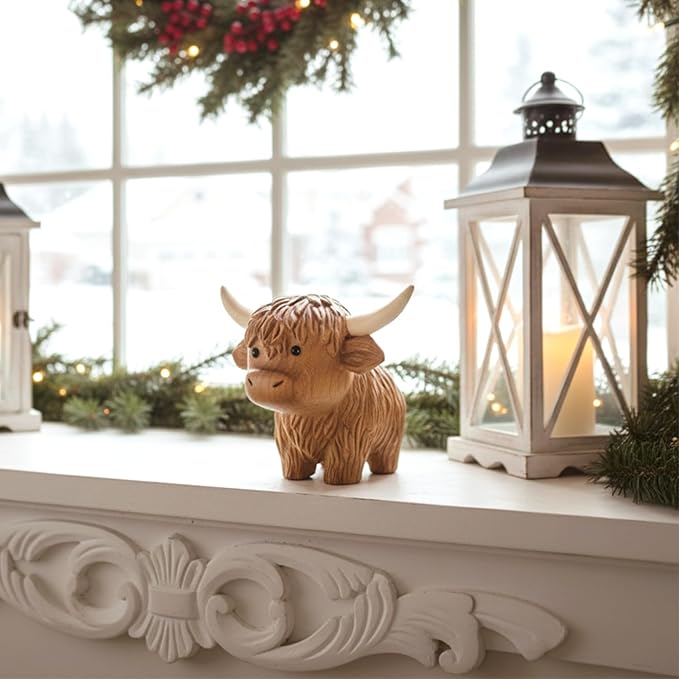 Hand Carved Wooden Highland Cow Figurine - Handmade Rustic Farmhouse Animal Decor, Solid Wood Miniature Sculpture, 3.5" Artisan Wooden Gift for Desk, Shelf, or Nursery