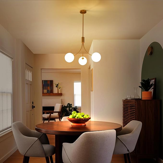3-Light Gold Sputnik Chandeliers for Dining Room Light Fixture, Mid Century Hanging Modern Chandelier for Kitchen Island Foyer Entryway, Milk White Globe Glass Shade