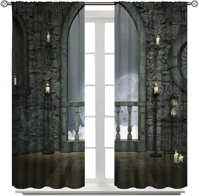 Gothic Mid Century Blackout Curtains, Vintage Moon Birds Old Castle Candle Night View Art Window Drapes, for Living Room Bedroom 36(W)*63(L) 2 Panels